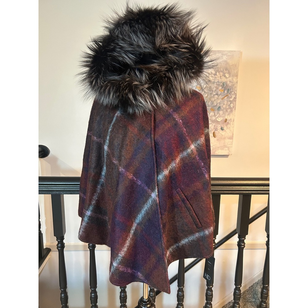 HISO Canada Wool Alpaca Mohair Plaid Cape Dyed Silver Fox Fur Hood NWT 4908/SFX